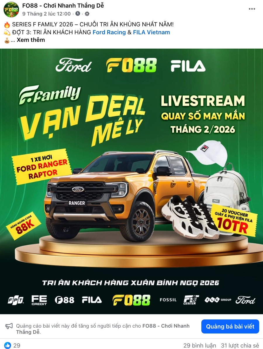 Các giải thưởng trong đợt 3 chương trình "F Family" bao gồm xe Ford Ranger Raptor trị giá 2 tỷ đồng và 20 voucher Fila 10 triệu đồng được FO88 công bố trên fanpage chính thức.